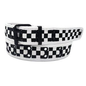 White and Black Checkered 2 Holes Row Grommet Canvas Fabric Web Belt Size Large